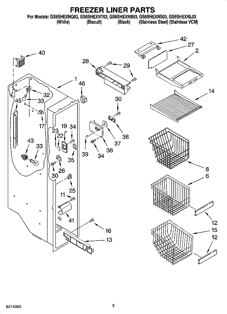 FREEZER LINER PARTS Diagram and Parts List for GS6SHEXNT03  Whirlpool Refrigerator