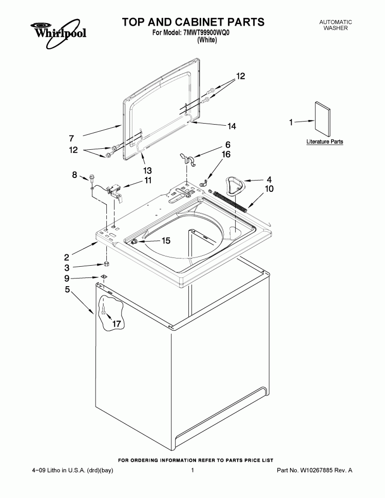 TOP AND CABINET PARTS Diagram and Parts List for 7MWT99900WQ0  Whirlpool Washer