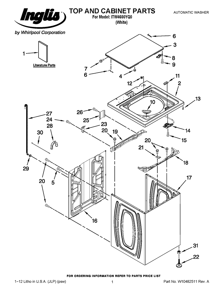 TOP AND CABINET PARTS Diagram and Parts List for ITW4600YQ0  Inglis Washer