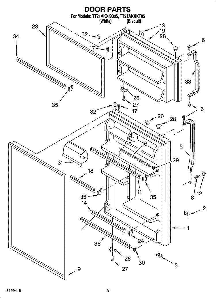 DOOR PARTS Diagram and Parts List for TT21AKXKQ05  Whirlpool Refrigerator
