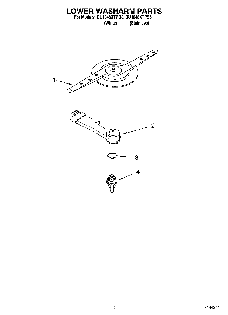 LOWER WASHARM PARTS Diagram and Parts List for DU1048XTPS3  Whirlpool Dishwasher