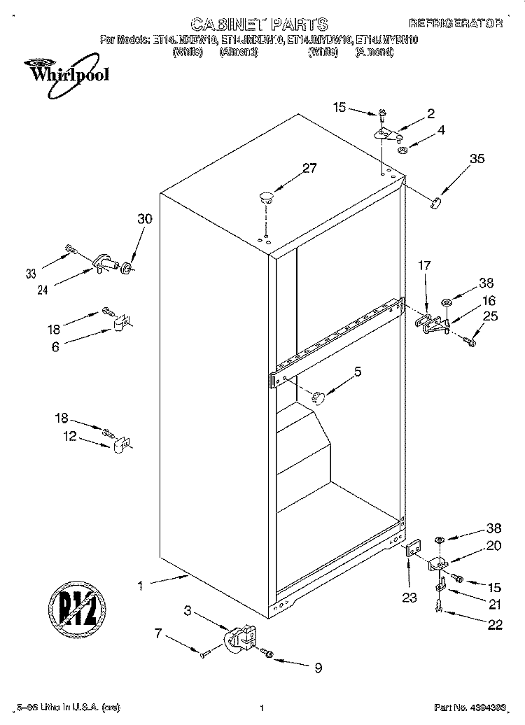 CABINET Diagram and Parts List for ET14JMYDW10  Whirlpool Refrigerator