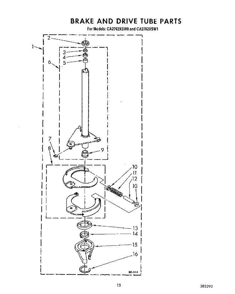 BRAKE AND DRIVE TUBE Diagram and Parts List for CA2762XSW0  Whirlpool Washer