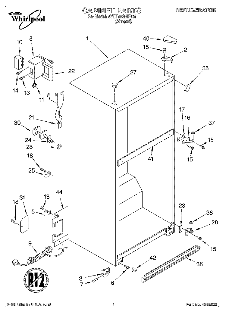 CABINET Diagram and Parts List for 4YET18GKFN01  Whirlpool Refrigerator