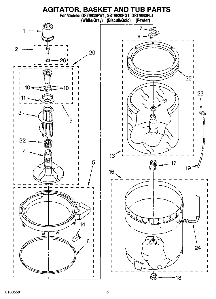 AGITATOR, BASKET AND TUB PARTS Diagram and Parts List for GST9630PL1  Whirlpool Washer