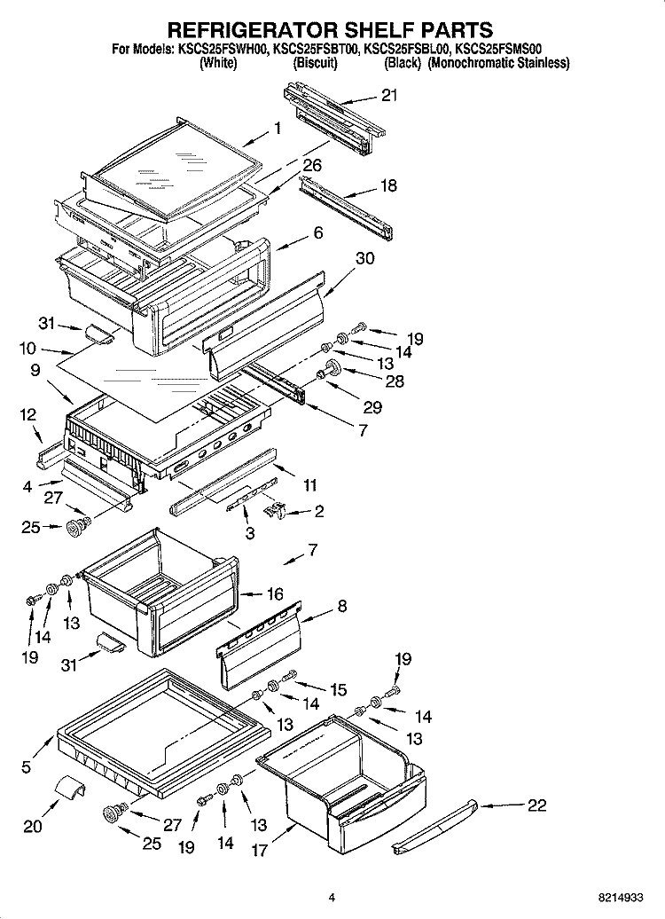 REFRIGERATOR SHELF PARTS Diagram and Parts List for KSCS25FSBL00  KitchenAid Refrigerator