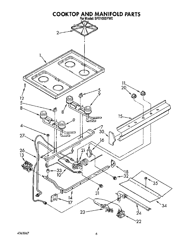 COOKTOP AND MANIFOLD, LIT/OPTIONAL Diagram and Parts List for SF0100SYN0  Whirlpool Range