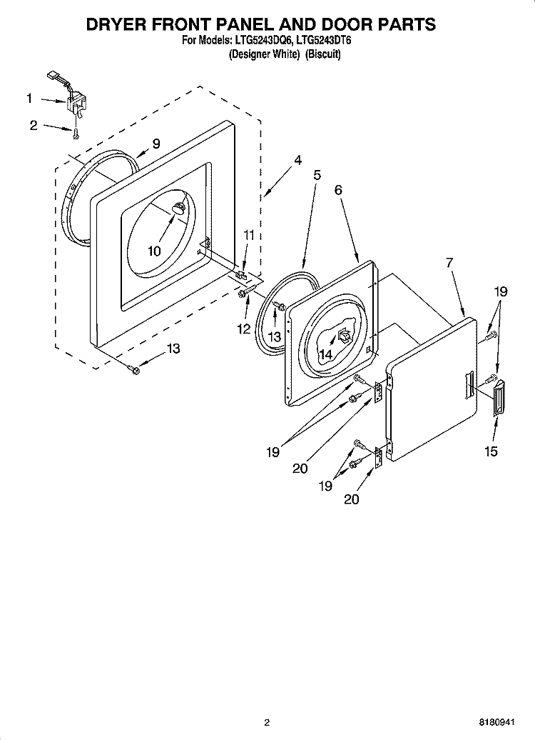 DRYER FRONT PANEL AND DOOR PARTS Diagram and Parts List for LTG5243DT6  Whirlpool Washer Dryer Combo