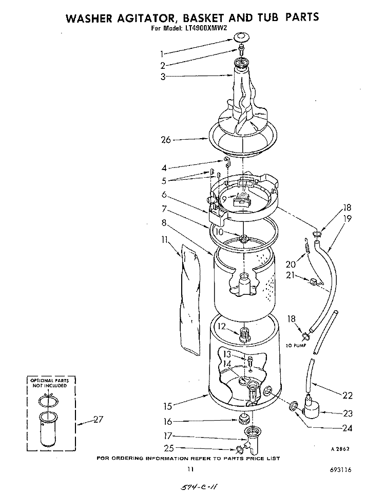 WASHER AGITATOR, BASKET AND TUB Diagram and Parts List for LT4900XMW2  Whirlpool Washer Dryer Combo