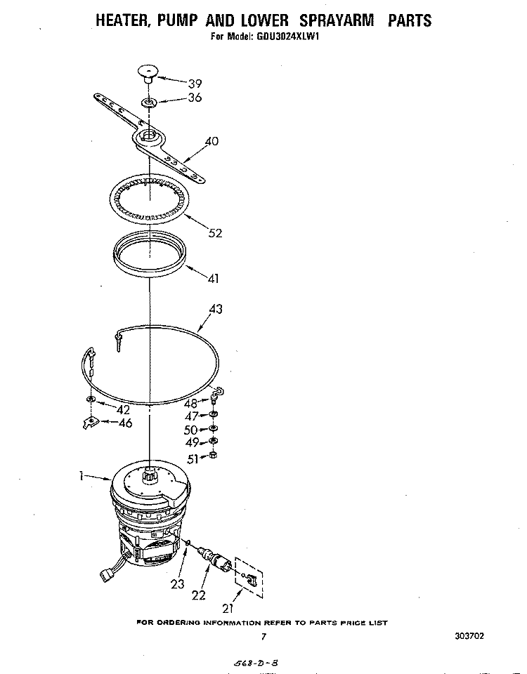 HEATER, PUMP AND LOWER SPRAY ARM Diagram and Parts List for GDU3024XLW1  Whirlpool Dishwasher