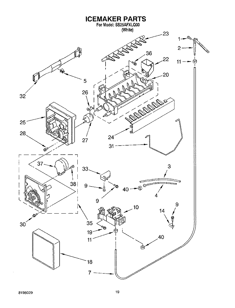ICE MAKER, OPTIONAL Diagram and Parts List for SS25AFXLQ00  Whirlpool Refrigerator