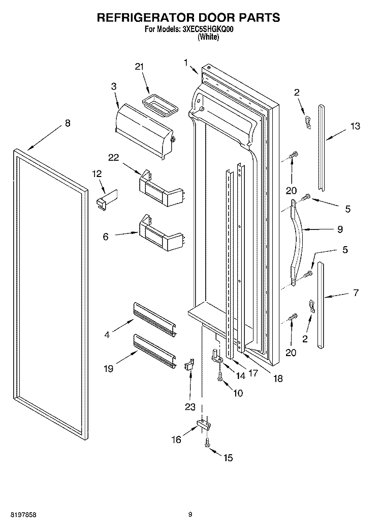 REFRIGERATOR DOOR Diagram and Parts List for 3XEC5SHGKQ00  Whirlpool Refrigerator