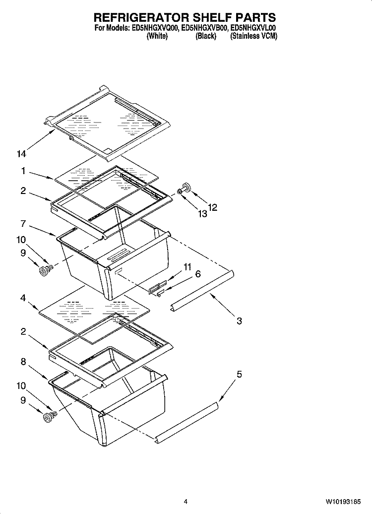 REFRIGERATOR SHELF PARTS Diagram and Parts List for ED5NHGXVQ00  Whirlpool Refrigerator