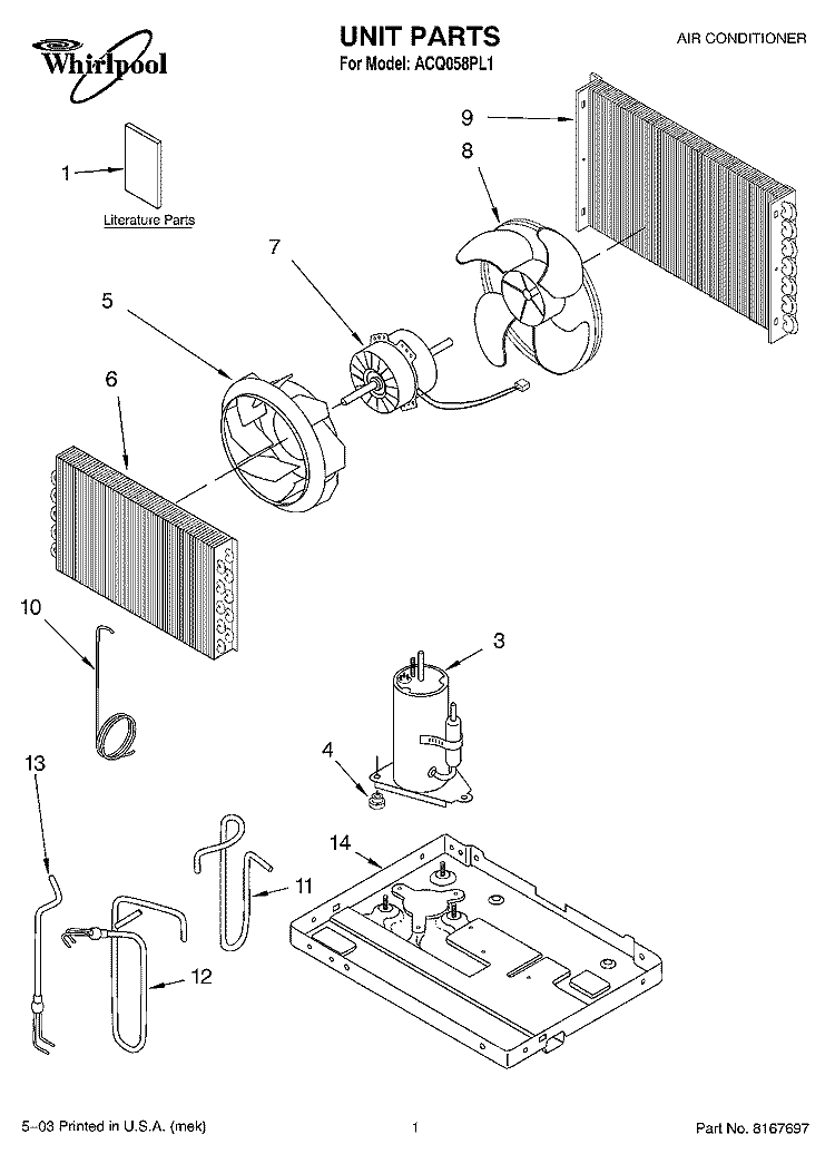 UNIT PARTS Diagram and Parts List for ACQ058PL1  Whirlpool Air Conditioner