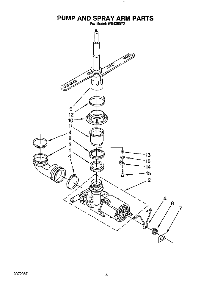 PUMP AND SPRAY ARM Diagram and Parts List for WU4300Y2  Roper Dishwasher
