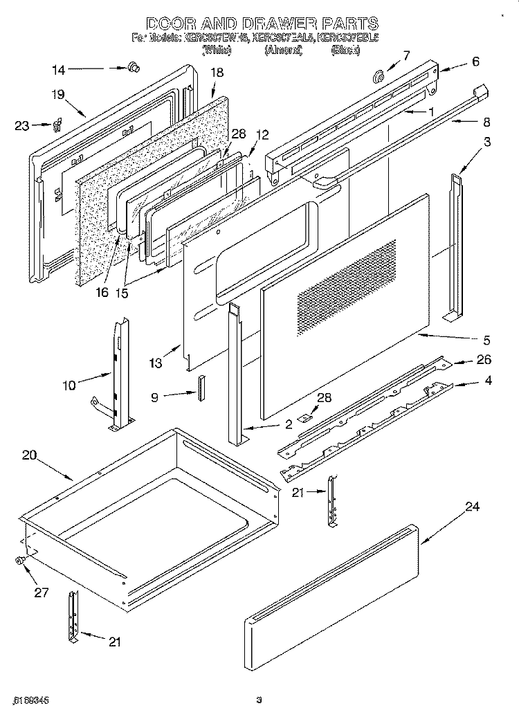 DOOR AND DRAWER Diagram and Parts List for KERC507EBL5  KitchenAid Range