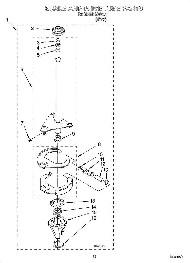 BRAKE AND DRIVE TUBE PARTS Diagram and Parts List for IJ46001  Inglis Washer
