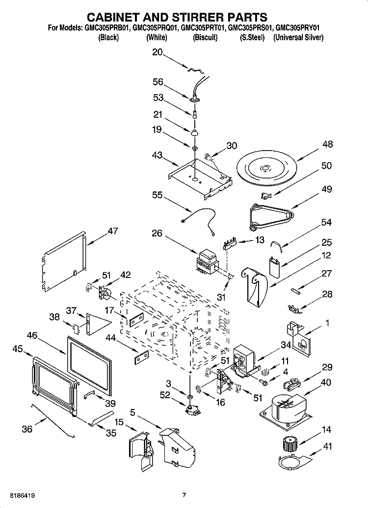 CABINET AND STIRRER PARTS Diagram and Parts List for GMC305PRS01  Whirlpool Microwave Oven Combo