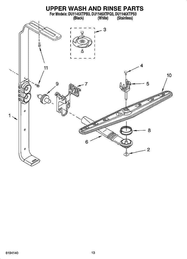 UPPER WASH AND RINSE PARTS Diagram and Parts List for DU1145XTPQ3  Whirlpool Dishwasher