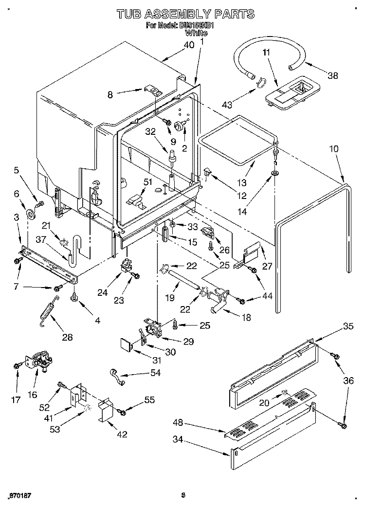 TUB ASSEMBLY Diagram and Parts List for DU8150XB1  Whirlpool Dishwasher