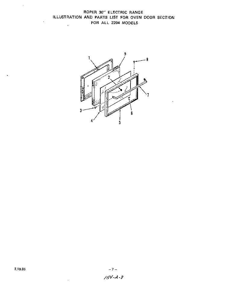 OVEN DOOR Diagram and Parts List for 2204W0A  Roper Range