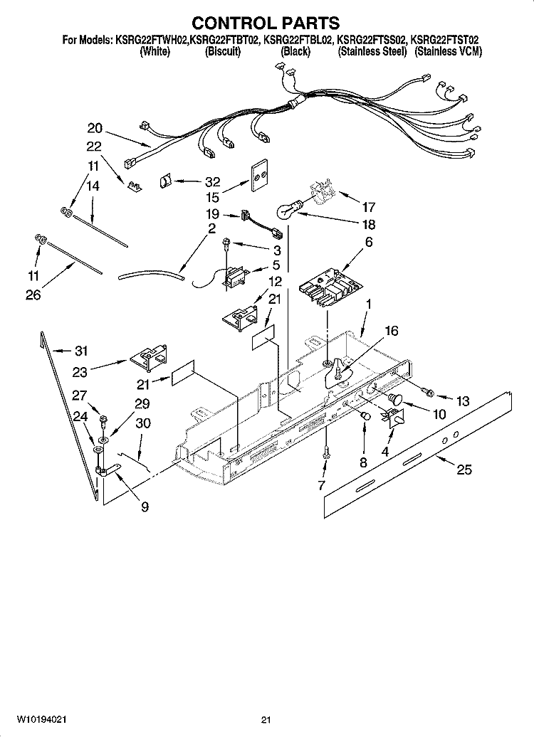 CONTROL PARTS, OPTIONAL PARTS (NOT INCLUDED) Diagram and Parts List for KSRG22FTSS02  KitchenAid Refrigerator