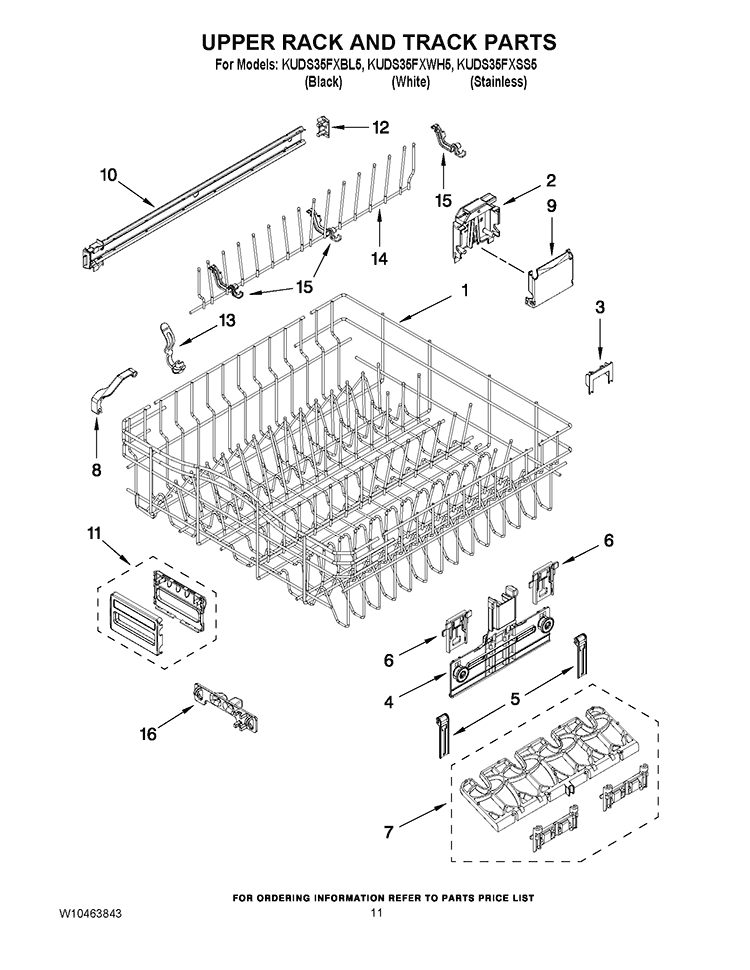 UPPER RACK AND TRACK PARTS Diagram and Parts List for KUDS35FXSS5  KitchenAid Dishwasher