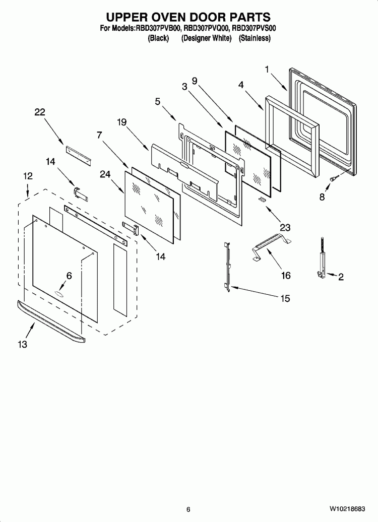 UPPER OVEN DOOR PARTS Diagram and Parts List for RBD307PVB00  Whirlpool Wall Oven