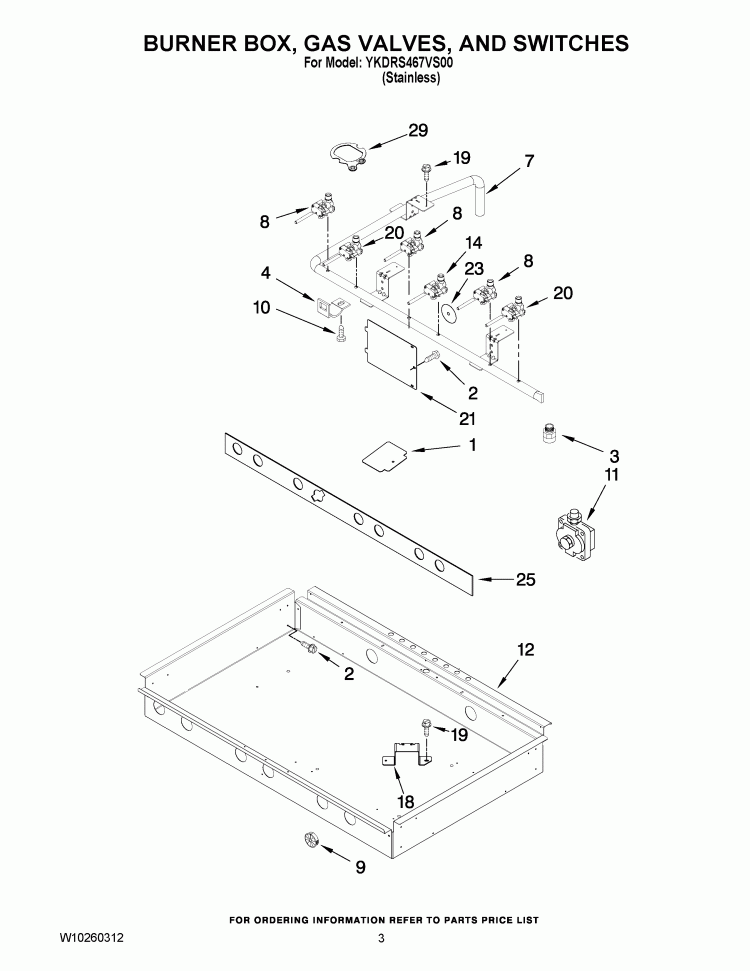 BURNER BOX, GAS VALVES, AND SWITCHES Diagram and Parts List for YKDRS467VS00  KitchenAid Range