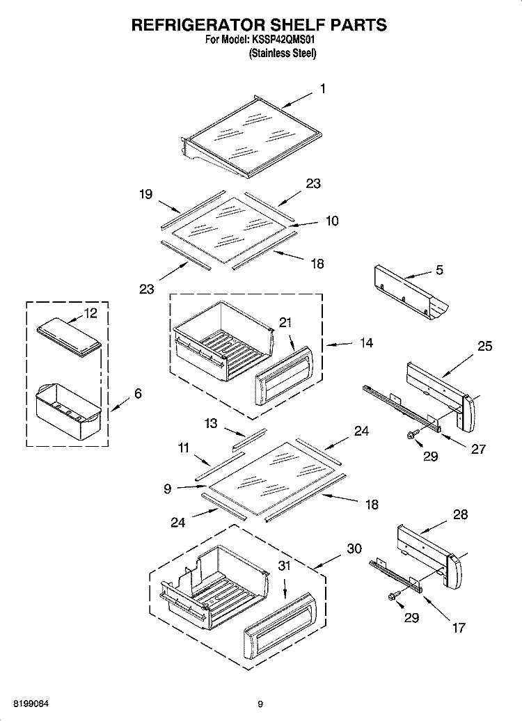 REFRIGERATOR SHELF PARTS Diagram and Parts List for KSSP42QMS01  KitchenAid Refrigerator