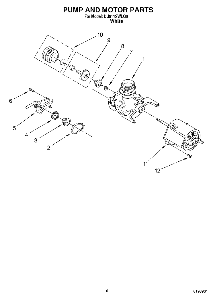 PUMP AND MOTOR PARTS Diagram and Parts List for DU811SWLQ0  Whirlpool Dishwasher