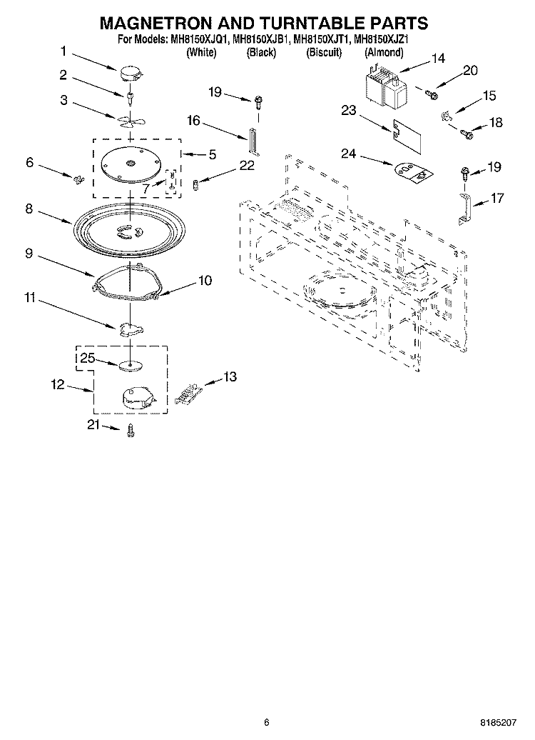 MAGNETRON AND TURNTABLE PARTS Diagram and Parts List for MH8150XJZ1  Whirlpool Microwave