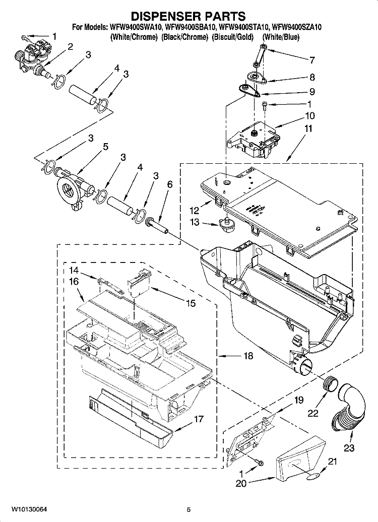 DISPENSER PARTS Diagram and Parts List for WFW9400SWA10  Whirlpool Washer