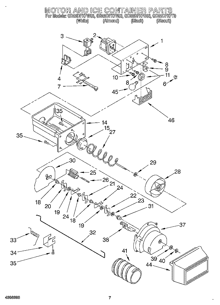 MOTOR AND ICE CONTAINER Diagram and Parts List for GD22DFXFB03  Whirlpool Refrigerator