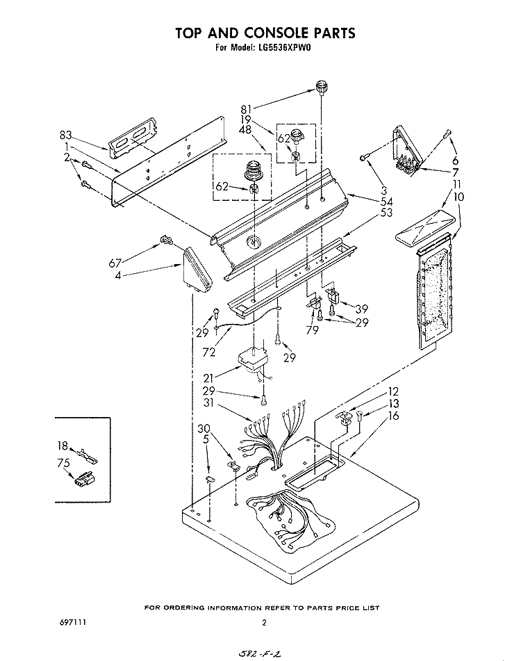 TOP AND CONSOLE , LITERATURE AND OPTIONAL Diagram and Parts List for LG5536XPW0  Whirlpool Dryer