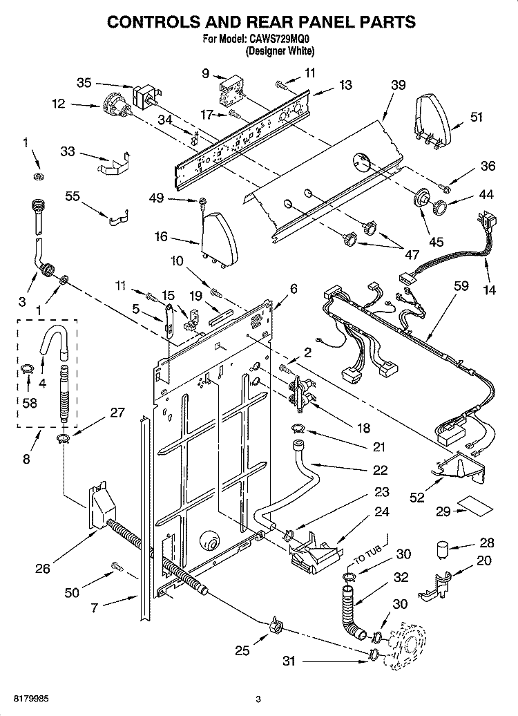 CONTROL AND REAR PANEL PARTS Diagram and Parts List for CAWS729MQ0  Crosley Washer