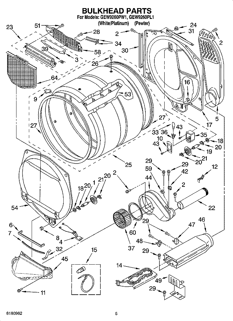 BULKHEAD PARTS Diagram and Parts List for GEW9260PL1  Whirlpool Dryer