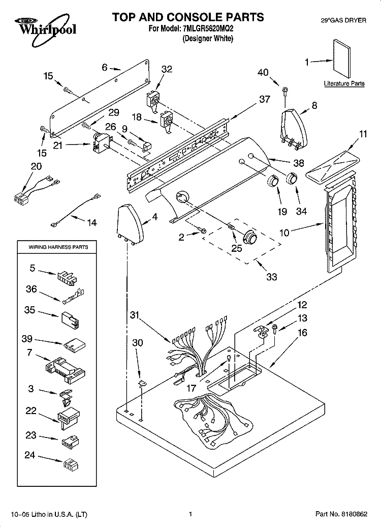 TOP AND CONSOLE PARTS Diagram and Parts List for 7MLGR5620MQ2  Whirlpool Dryer