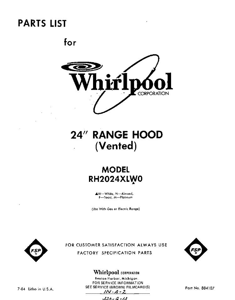 SECTION Diagram and Parts List for RH2024XLW0  Whirlpool Range Hood