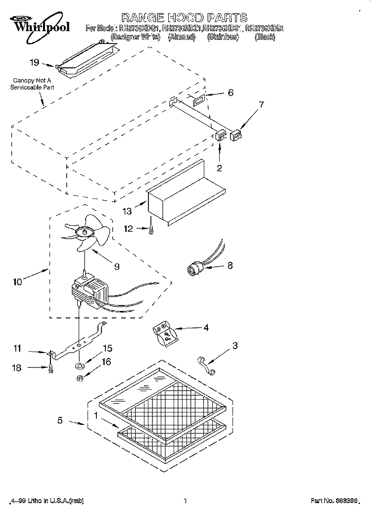 SECTION Diagram and Parts List for RH2736XDQ1  Whirlpool Range Hood