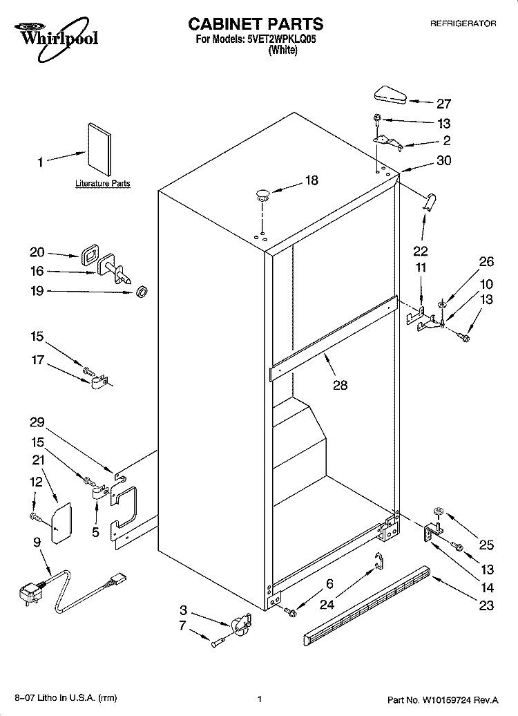 CABINET PARTS Diagram and Parts List for 5VET2WPKLQ05  Whirlpool Refrigerator