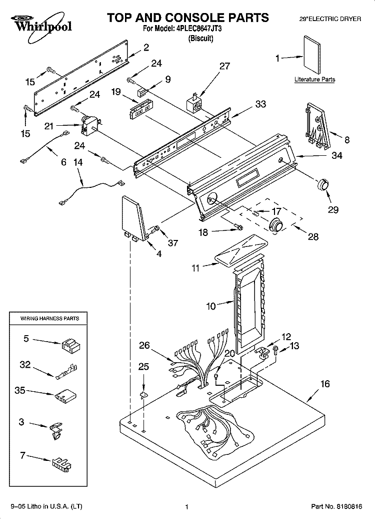 TOP AND CONSOLE PARTS Diagram and Parts List for 4PLEC8647JT3  Whirlpool Dryer