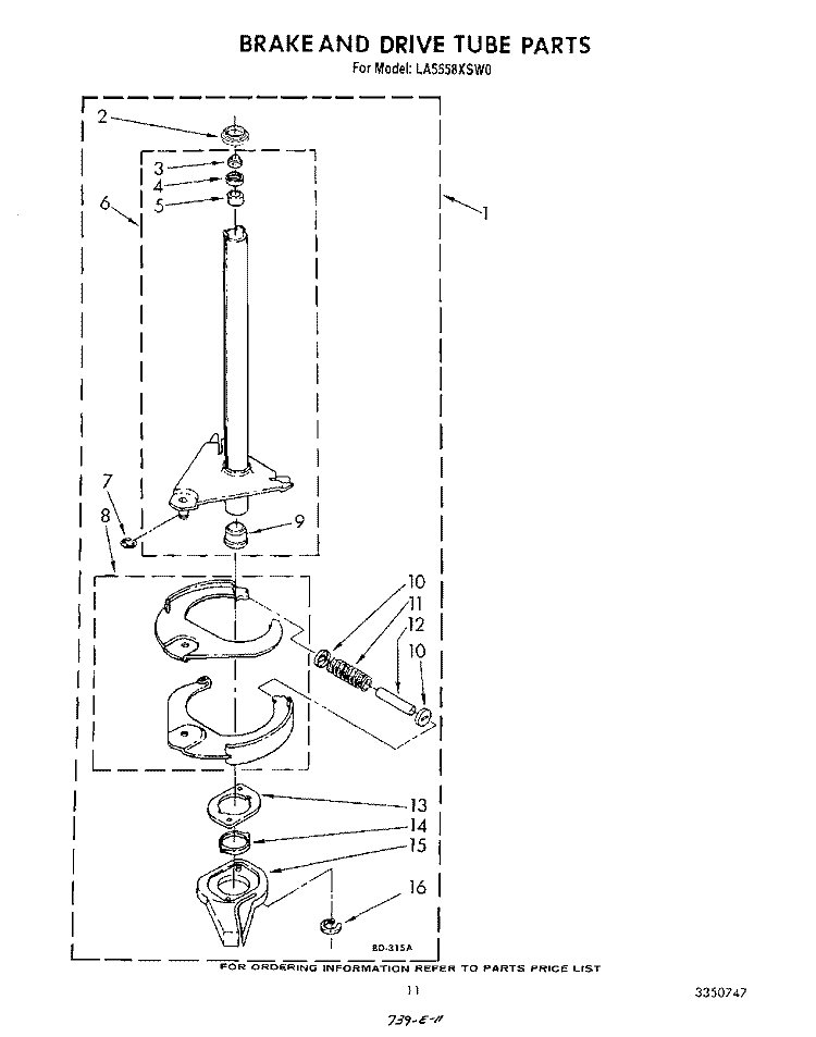 BRAKE AND DRIVE TUBE Diagram and Parts List for LA5558XSW0  Whirlpool Washer