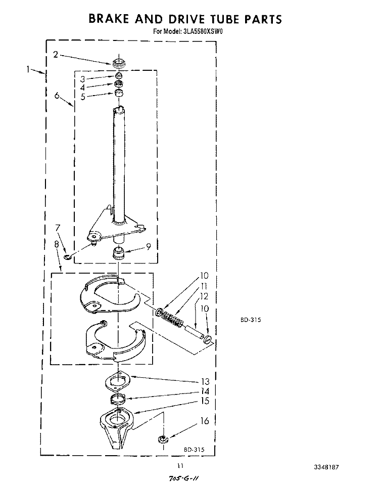 BRAKE AND DRIVE TUBE Diagram and Parts List for 3LA5580XSW0  Whirlpool Washer