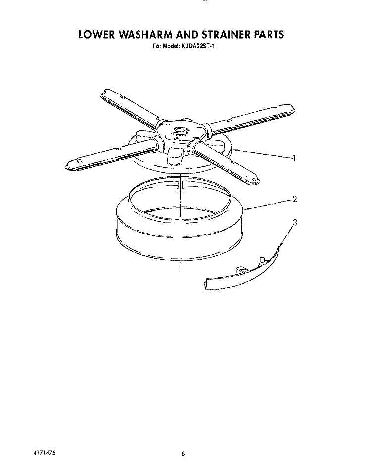 LOWER WASHARM AND STRAINER Diagram and Parts List for KUDA22ST1  KitchenAid Dishwasher