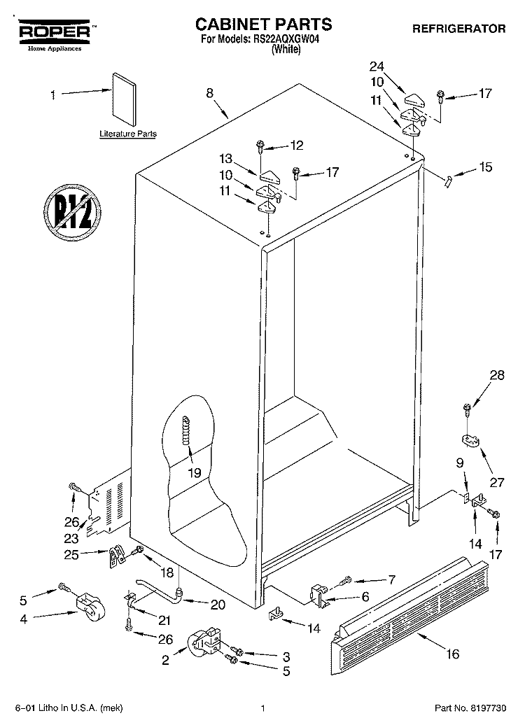 CABINET, LITERATURE Diagram and Parts List for RS22AQXGW04  Roper Refrigerator