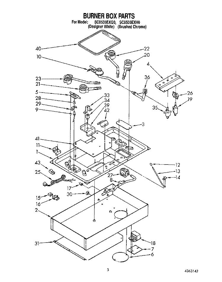 BURNER BOX Diagram and Parts List for SC8536EXQ0  Whirlpool Cooktop