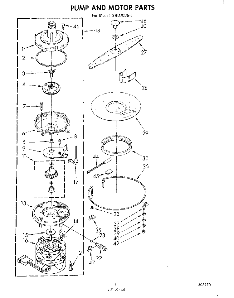 PUMP AND MOTOR Diagram and Parts List for SHU70050  Whirlpool Dishwasher