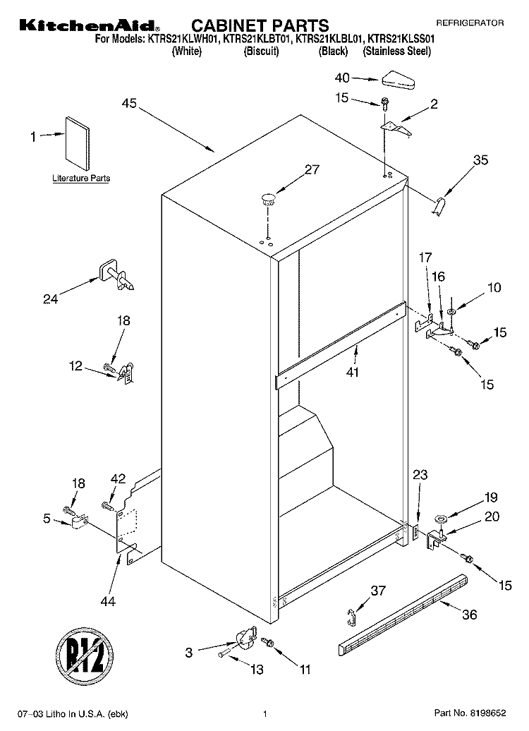 CABINET PARTS Diagram and Parts List for KTRS21KLWH01  KitchenAid Refrigerator