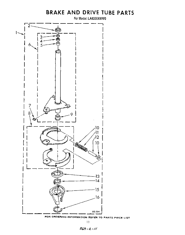 BRAKE AND DRIVE TUBE Diagram and Parts List for LA8200XWW0  Whirlpool Washer